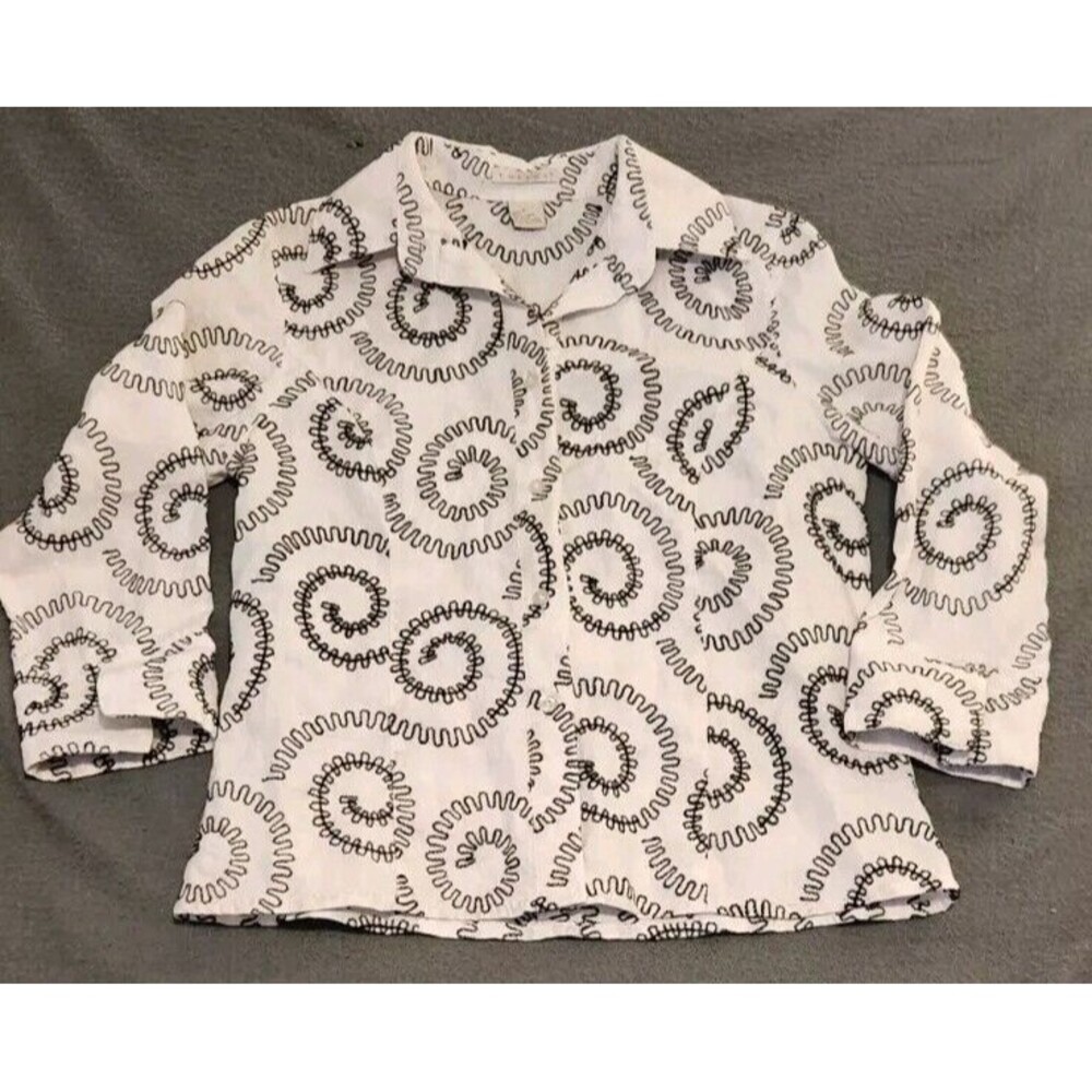 Tweeds Women's Button Down Shirt Top Embroidered White Black 100%  Linen Size S‎